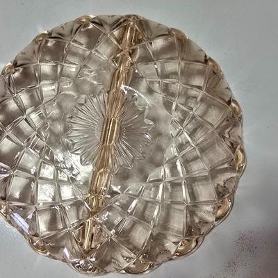Pink depression glass divided dish, platter, and Juice reamer with measuring glass cup