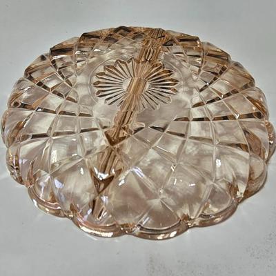 Pink depression glass divided dish, platter, and Juice reamer with measuring glass cup