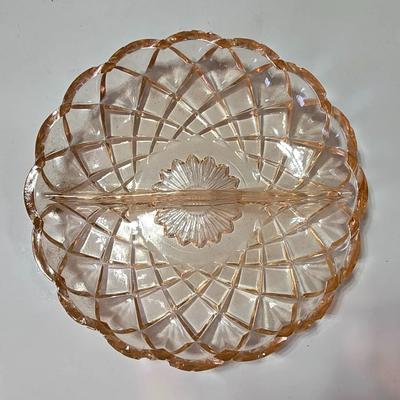 Pink depression glass divided dish, platter, and Juice reamer with measuring glass cup