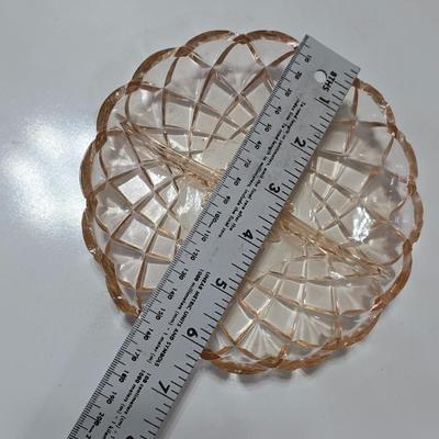 Pink depression glass divided dish, platter, and Juice reamer with measuring glass cup