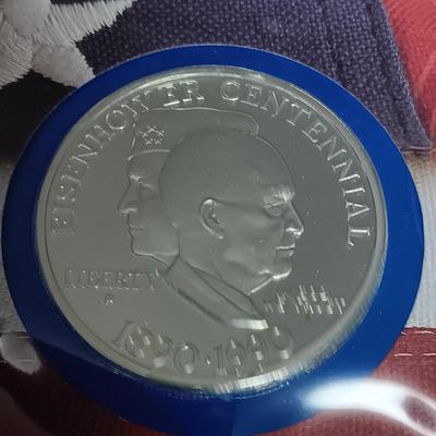 PAST PRESIDENTS FIRST DAY OF ISSUE AND PROOF .900 SILVER DOLLAR, 1964 SILVER HALF DOLLAR AND A GEORGE BUSH MEDAL