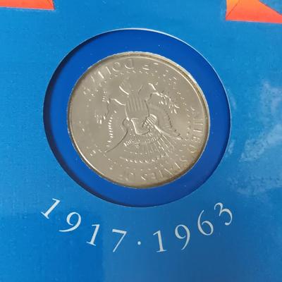 PAST PRESIDENTS FIRST DAY OF ISSUE AND PROOF .900 SILVER DOLLAR, 1964 SILVER HALF DOLLAR AND A GEORGE BUSH MEDAL