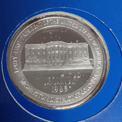 PAST PRESIDENTS FIRST DAY OF ISSUE AND PROOF .900 SILVER DOLLAR, 1964 SILVER HALF DOLLAR AND A GEORGE BUSH MEDAL