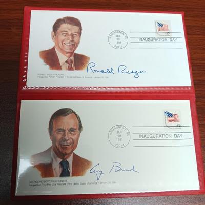 PAST PRESIDENTS FIRST DAY OF ISSUE AND PROOF .900 SILVER DOLLAR, 1964 SILVER HALF DOLLAR AND A GEORGE BUSH MEDAL