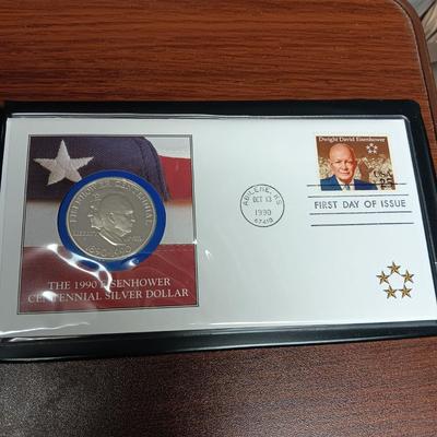 PAST PRESIDENTS FIRST DAY OF ISSUE AND PROOF .900 SILVER DOLLAR, 1964 SILVER HALF DOLLAR AND A GEORGE BUSH MEDAL