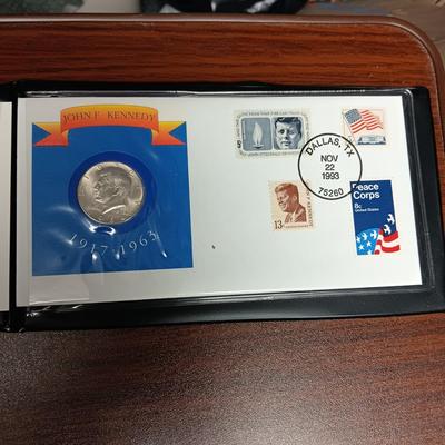 PAST PRESIDENTS FIRST DAY OF ISSUE AND PROOF .900 SILVER DOLLAR, 1964 SILVER HALF DOLLAR AND A GEORGE BUSH MEDAL