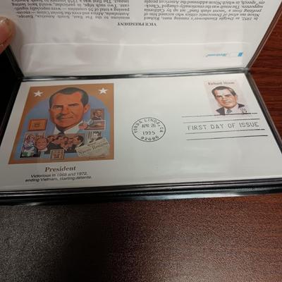 PAST PRESIDENTS FIRST DAY OF ISSUE AND PROOF .900 SILVER DOLLAR, 1964 SILVER HALF DOLLAR AND A GEORGE BUSH MEDAL