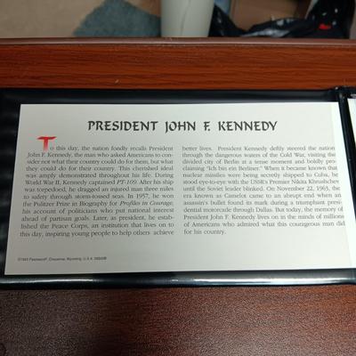 PAST PRESIDENTS FIRST DAY OF ISSUE AND PROOF .900 SILVER DOLLAR, 1964 SILVER HALF DOLLAR AND A GEORGE BUSH MEDAL