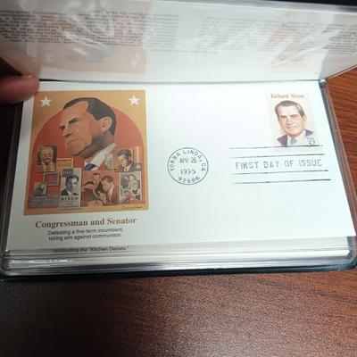 PAST PRESIDENTS FIRST DAY OF ISSUE AND PROOF .900 SILVER DOLLAR, 1964 SILVER HALF DOLLAR AND A GEORGE BUSH MEDAL