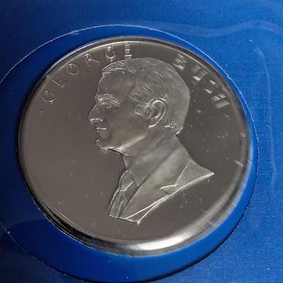 PAST PRESIDENTS FIRST DAY OF ISSUE AND PROOF .900 SILVER DOLLAR, 1964 SILVER HALF DOLLAR AND A GEORGE BUSH MEDAL