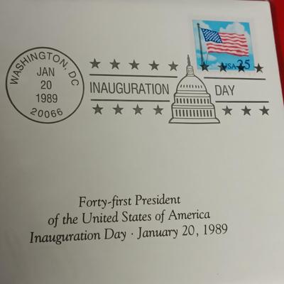 PAST PRESIDENTS FIRST DAY OF ISSUE AND PROOF .900 SILVER DOLLAR, 1964 SILVER HALF DOLLAR AND A GEORGE BUSH MEDAL