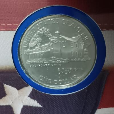 PAST PRESIDENTS FIRST DAY OF ISSUE AND PROOF .900 SILVER DOLLAR, 1964 SILVER HALF DOLLAR AND A GEORGE BUSH MEDAL