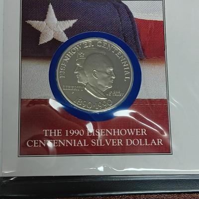 PAST PRESIDENTS FIRST DAY OF ISSUE AND PROOF .900 SILVER DOLLAR, 1964 SILVER HALF DOLLAR AND A GEORGE BUSH MEDAL