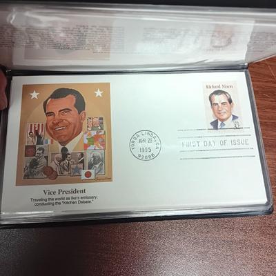 PAST PRESIDENTS FIRST DAY OF ISSUE AND PROOF .900 SILVER DOLLAR, 1964 SILVER HALF DOLLAR AND A GEORGE BUSH MEDAL