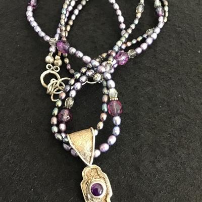 925 Vintage Marked Amethyst Pearl Necklace