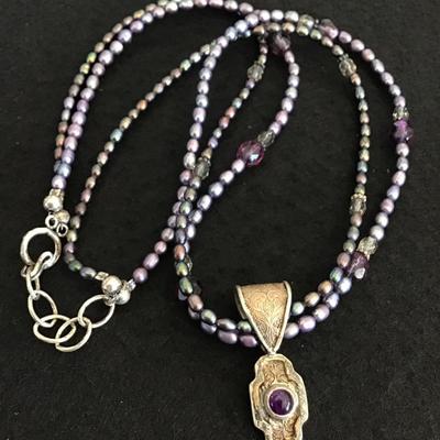 925 Vintage Marked Amethyst Pearl Necklace