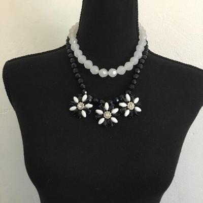 Black and white rhinestone beaded flower statement, necklace