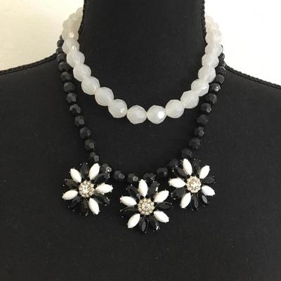 Black and white rhinestone beaded flower statement, necklace