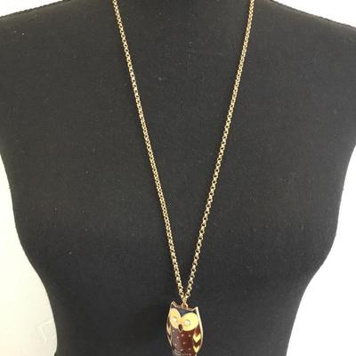 Cute enamel owl pendant & gold tone chain necklace