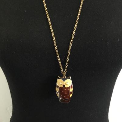 Cute enamel owl pendant & gold tone chain necklace