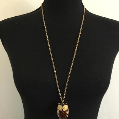 Cute enamel owl pendant & gold tone chain necklace