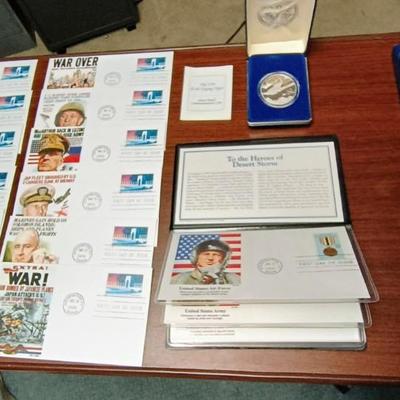 P-40 WARHAWK $50 SILVER PROOF COIN, WWII FIRST DAY OF ISSUE & HER0ES OF DESERT STORM