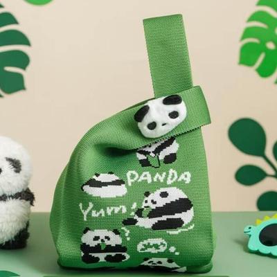 Green & White Fine & Tightly Knitted Panda Bag Purse w/Plush Panda Pin