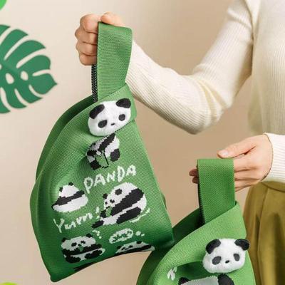Green & White Fine & Tightly Knitted Panda Bag Purse w/Plush Panda Pin