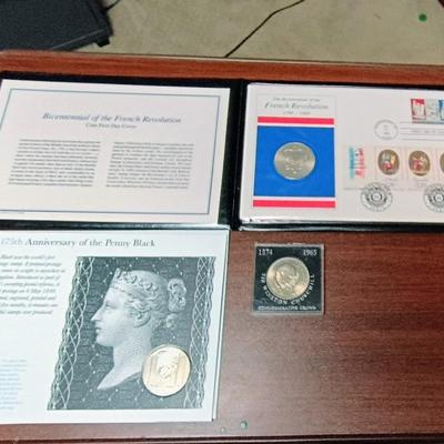50 FRANC .900 PROOF SILVER COIN, PENNY BLACK AND CHURCHILL MEDALS