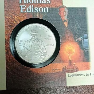 THOMAS EDISON SILVER DOLLAR & EYEWITNESS TO HISTORY COINS AND FIRST DAY ISSUE