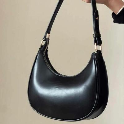Black PU Faux Leather Crescent Shaped Bright Surface Shoulder Handbag Purse for Women w/Zipper Closure & Brass Hardware