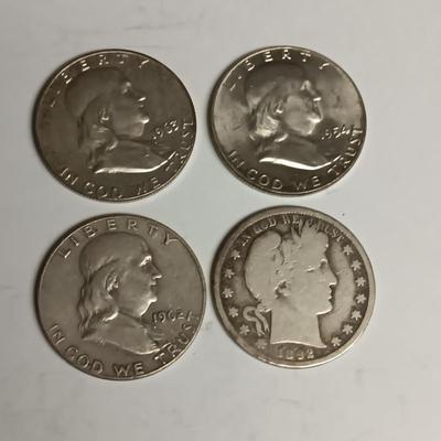 THREE BENJAMIN FRANKLIN SILVER HALF DOLLARS & BARBER HEAD HALF DOLLAR