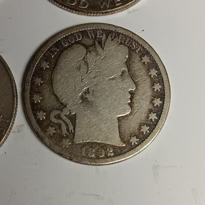 THREE BENJAMIN FRANKLIN SILVER HALF DOLLARS & BARBER HEAD HALF DOLLAR
