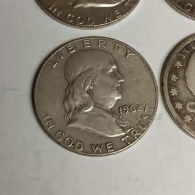 THREE BENJAMIN FRANKLIN SILVER HALF DOLLARS & BARBER HEAD HALF DOLLAR