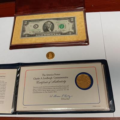 $2 DOLLAR BILL, NAPOLEON COIN, LINDBERGH MEDALS AND FIRST DAY OF ISSUE