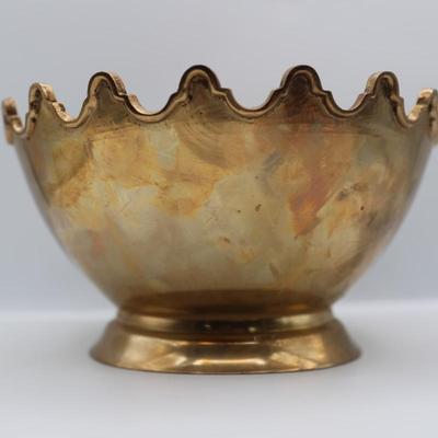 Vintage Large Brass Scalloped Pedestal Bowl, India