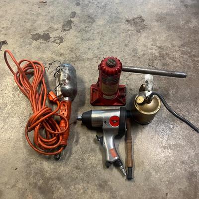 Bottle Jack, 1/3” Drive Air Impact Wrench, Golden Rod Oil Can & Drop Light (G-MG)
