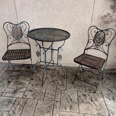 Wrought Iron Bistro Table W/Matching Folding Chairs (FY-RG)