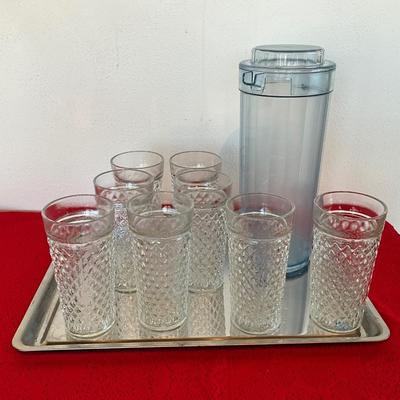 Silver platter, 8 Vintage Water Glasses, Plastic Pitcher
