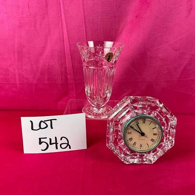Lot B 542 Waterford Crystal Sunburst Vase & Desk Clock