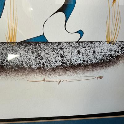 Framed Signed Art with blue Lamp 25Hx31W