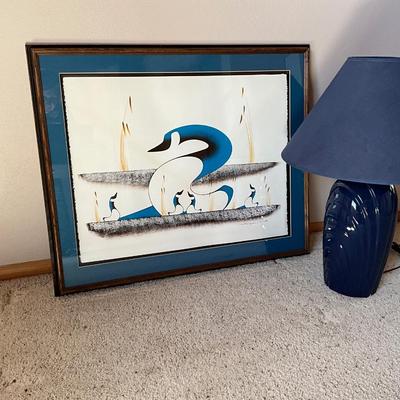 Framed Signed Art with blue Lamp 25Hx31W