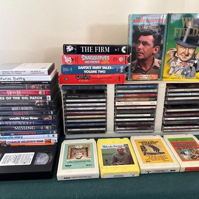 Variety pack of entertainment, 8 track taps, VHS, DVDs, CDs