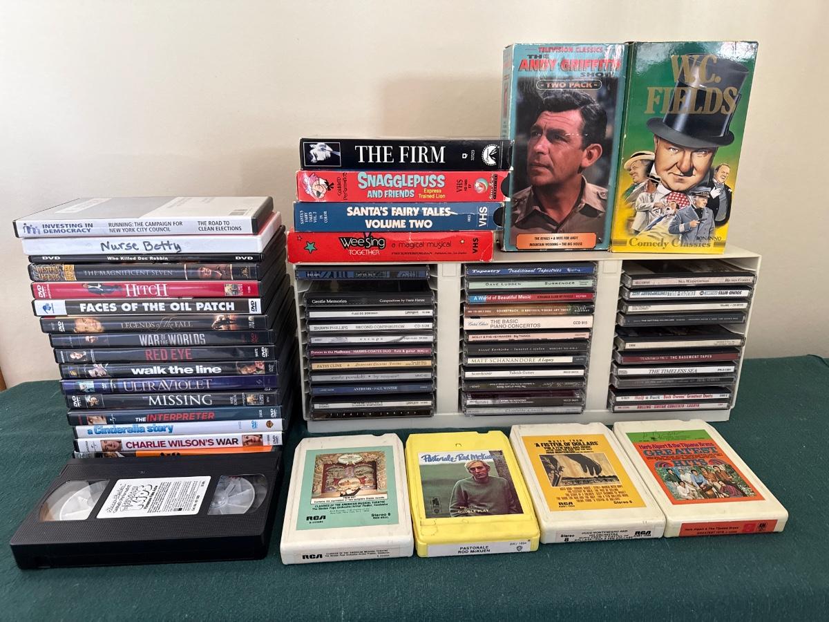 Variety pack of entertainment, 8 track taps, VHS, DVDs, CDs ...