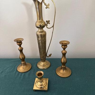 Brass candlesticks w/etched pitcher