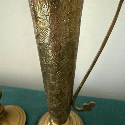 Brass candlesticks w/etched pitcher