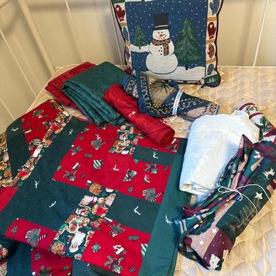 Christmas quilted lap throw, tablecloths, table runners