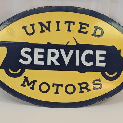 United Motors Service Porcelain Arrow Sign Approx 16 3/4" x 11"
