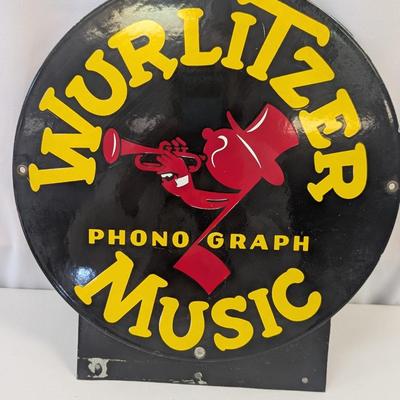 Wurlitzer Phono Graph Music Porcelain Sign Approx 12" x 12 1/2"