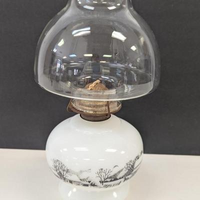 Vintage Oil Lamp Currier & Ives Milk Glass Base With Clear Glass Shade Choice 1
